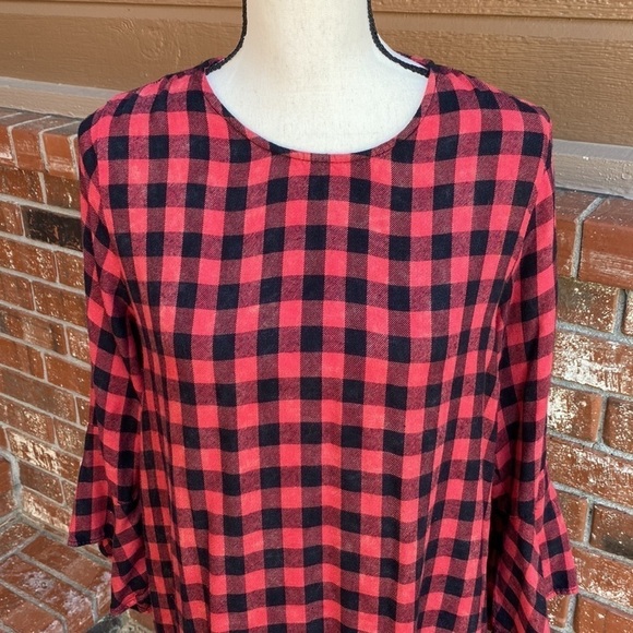 Cloth & Stone Red Buffalo Check Bell Sleeve Midi Women's Dress Size Small - Picture 2 of 7